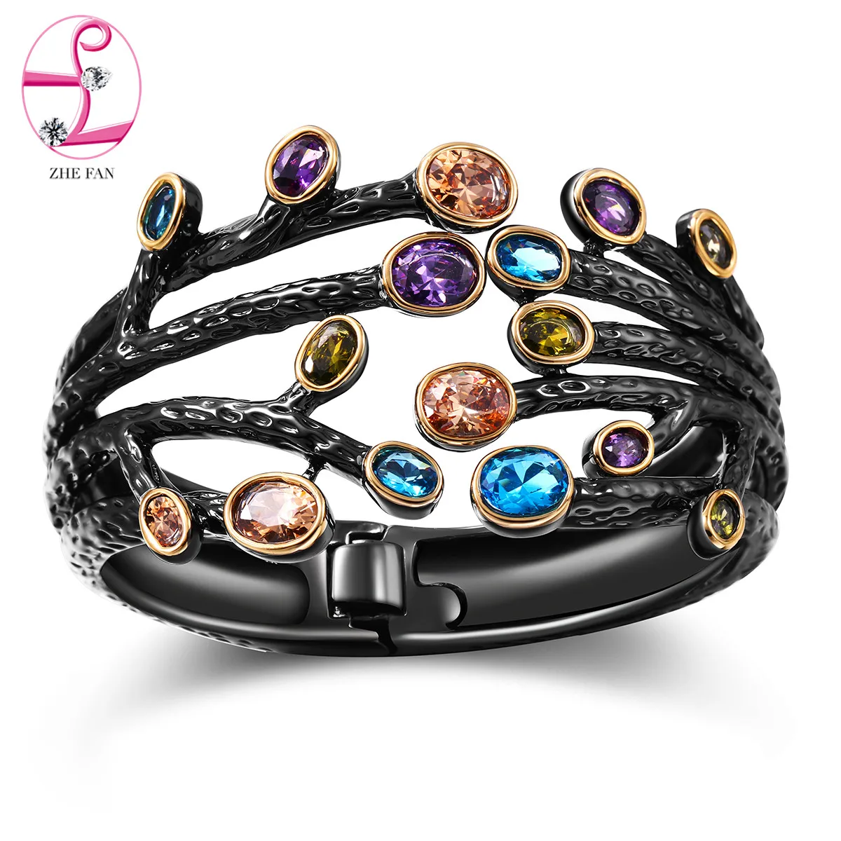 ZHE FAN Mujeres Grandes de La Vendimia Brazalete Abierto Pulsera AAA Cubic Zirconia Oro Negro Color Plateado Ramas Amplia Regalo de La Joyería