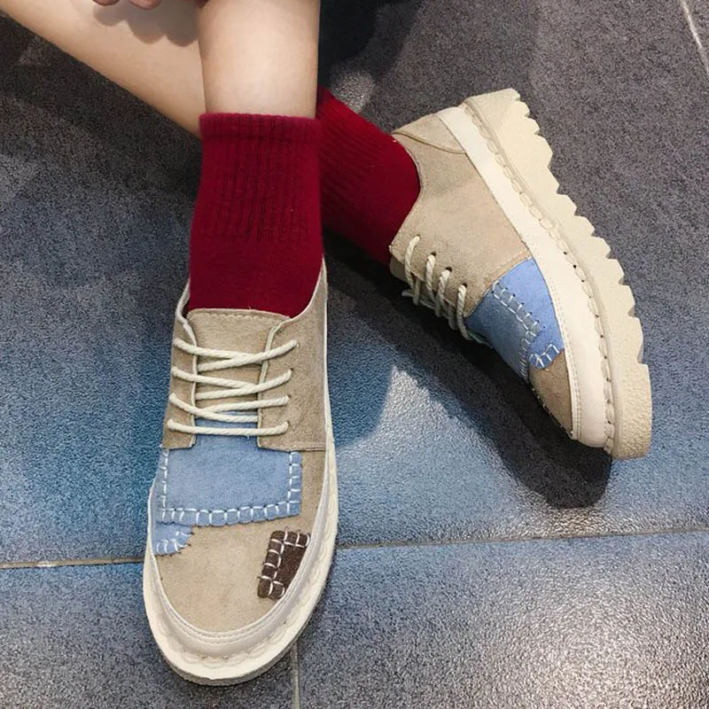 

2019 New Fashion Casual Women Spring Flock Patchwork Shoes Flat with Round Toe Lace-up Cross-tied Shoes XWD7375