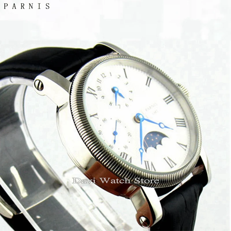 Parnis 43 мм Роскошный белый циферблат GMT Рука обмотки Мужские 6497 часы