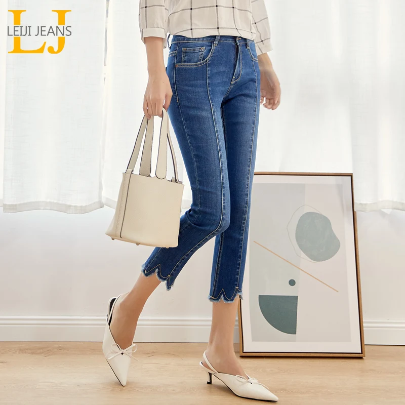 

LEIJIJEANS Spring Autumn Casual Style Medium Blue Tassel Ankle Length Plus Size Slim Flare Waist Jeans Women Stretch Jeans 9011
