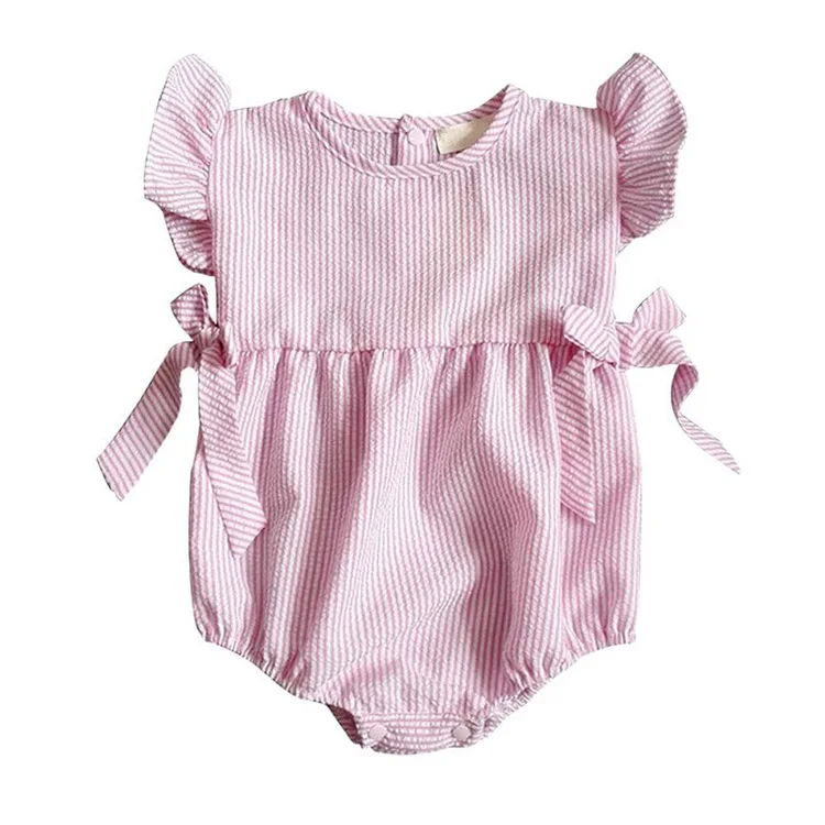 

Wennikids Toddler Baby Girl's Stripe Cotton triangle Connected Climb clothes Bodysuits Baby Romper Girl Jumpsuits with Bowknots