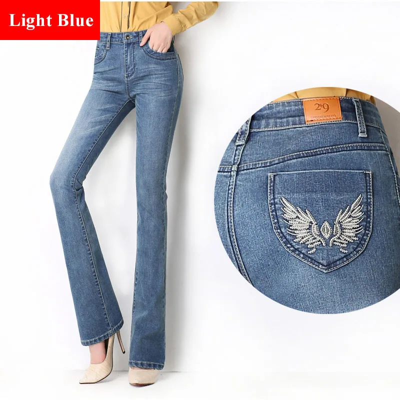 Весенние расклешенные джинсы с высокой талией, вышивкой и карманами, растягивающиеся обтягивающие брюки размера плюс, 4XL, 3XL, женские узкие джинсы с широкими штанинами - Цвет: Light Blue