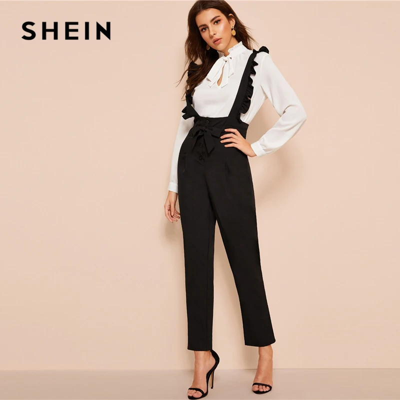 SHEIN офисные женские черные брюки с поясом и пуговицами, женские весенне-осенние однотонные Длинные прямые брюки