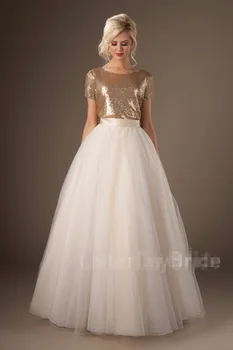 

Two Pieces Modest Wedding Dresses With Gold Sequins Top Tulle Skirt Simple Modern 2 Pieces Bridal Gowns Custom Made Sale