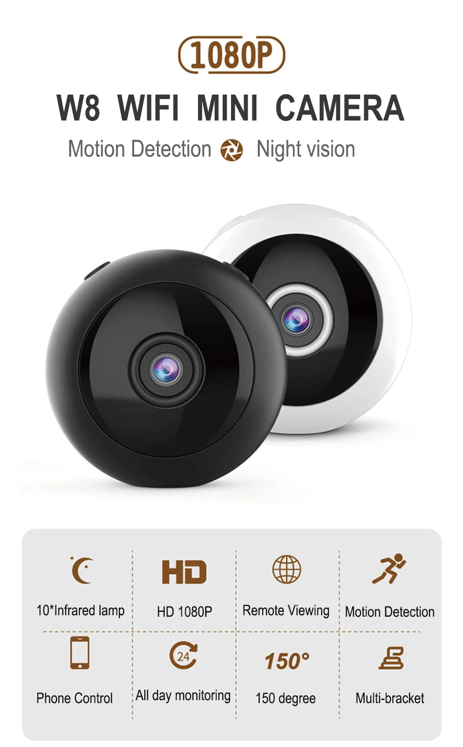 

W8 Mini Wireless WiFi 1080P Camera Night Vision Motion Detection Video Recorder Camcorder Webcam Hometic Security Camera