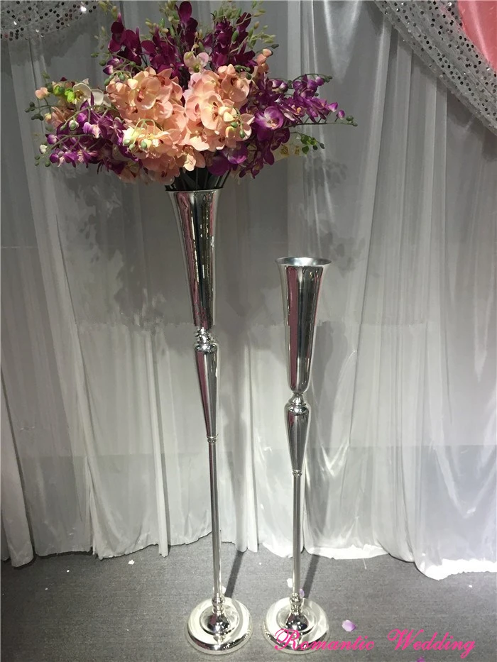 

4pcs/lot Brightly Silver-Plated Tall Wedding Metal Vases Trumpet Shape Flower Stand for Wedding Event Party Decoration