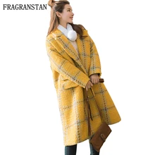 Женские осенние зимние желтые клетчатые двубортные шерстяные пальто свободного размера плюс, теплые плотные Длинные парки для девочек, новые пальто LY105