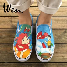 Вэнь ручная роспись парусиновые кроссовки дизайн пользовательские аниме Ponyo мужские женские слипоны обувь для рождественских подарков на день рождения