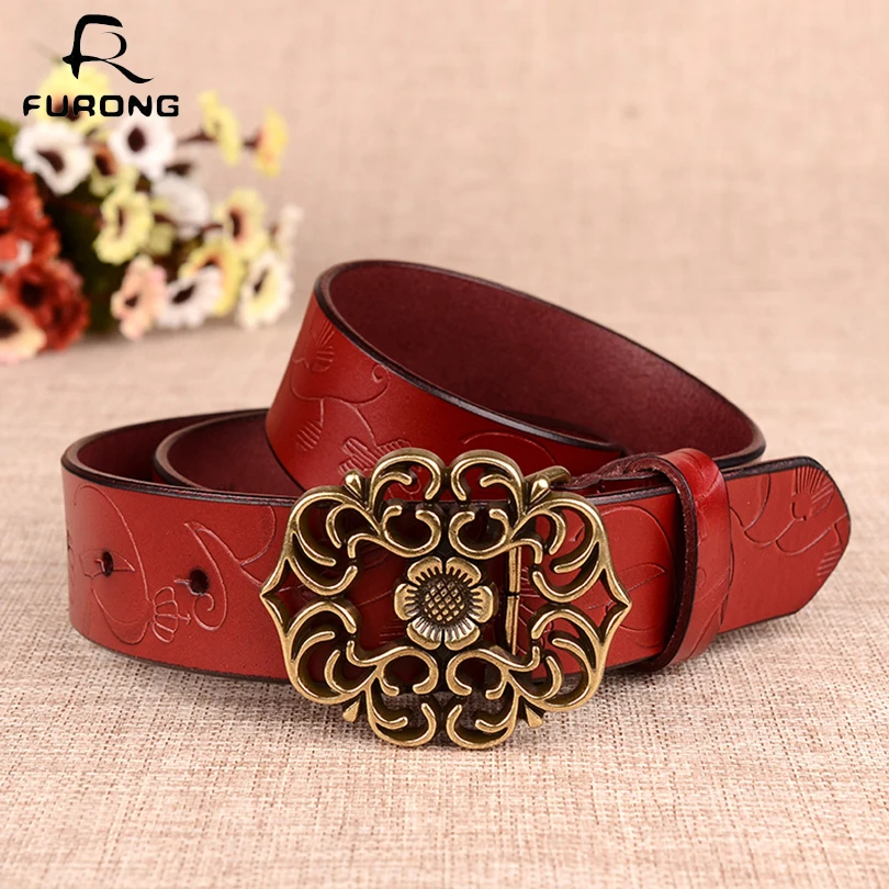 

FURONG Fashion Women Belt Female Hollow Out Flower Design Press Buckle Leather Waist Belts Real Cow Leather Belt For Women