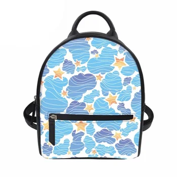 

Feminine Backpack School Backpack for Teenage Girls PU Leather Backpack Blue Sea Printing Small Travel Mochila Beach Bag