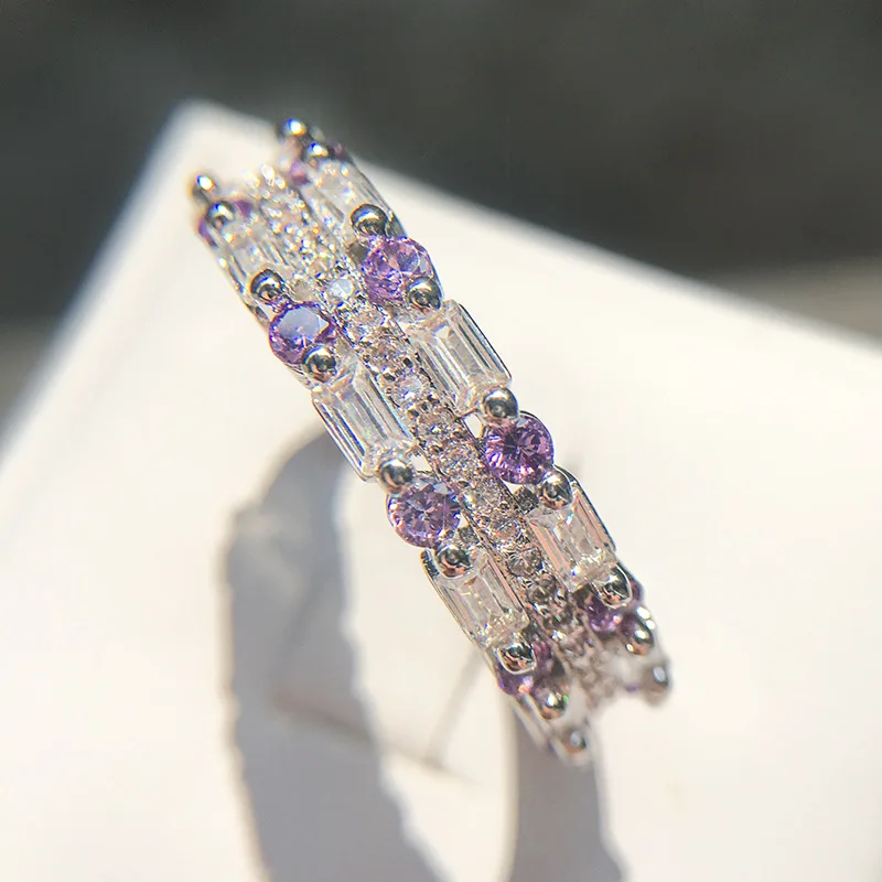 Двухслойное кольцо с фиолетовым кристаллом и желтым агатом для женщин, квадратное серебряное кольцо с цирконием AAA, блестящие вечерние ювелирные изделия - Цвет камня: Фиолетовый