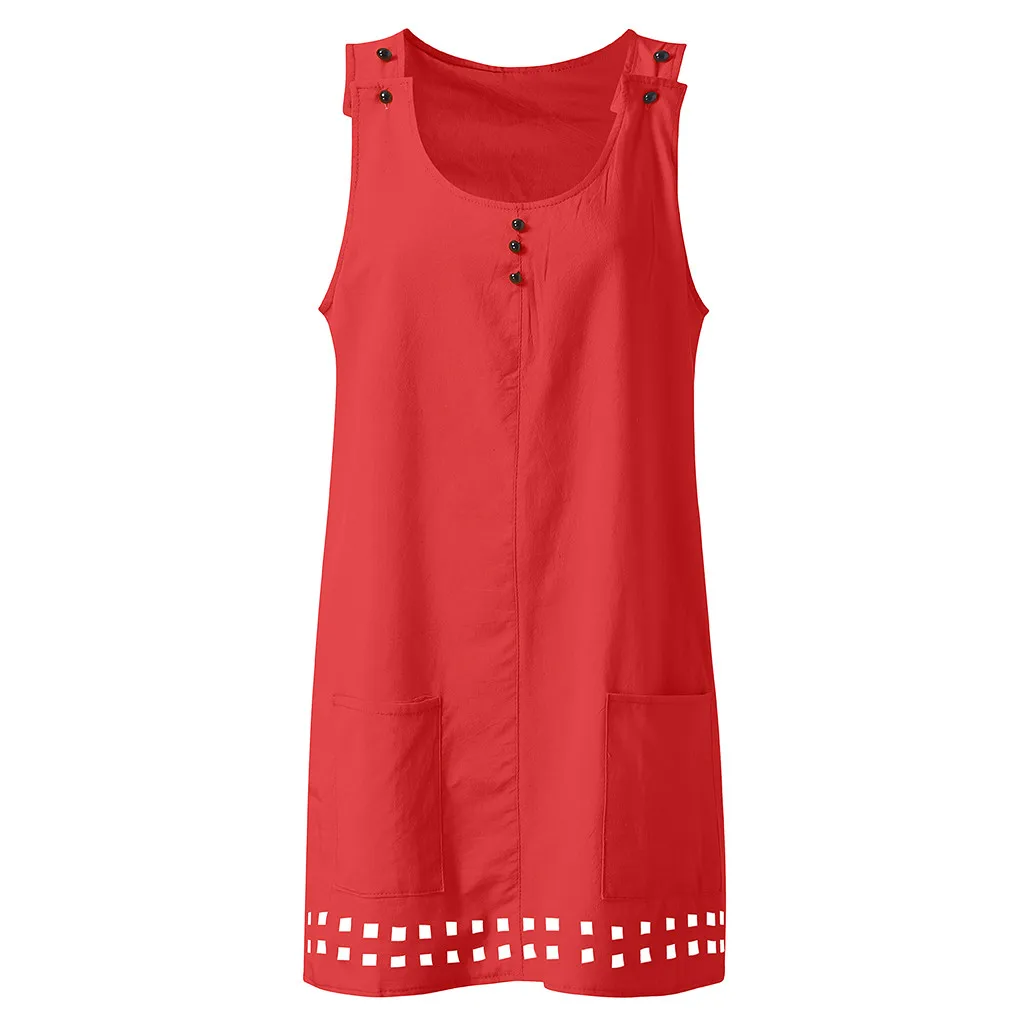 Женское летнее платье в стиле бохо, повседневное пляжное платье без рукавов с пуговицами и карманами, однотонные пляжные платья vestidos verano - Цвет: Red