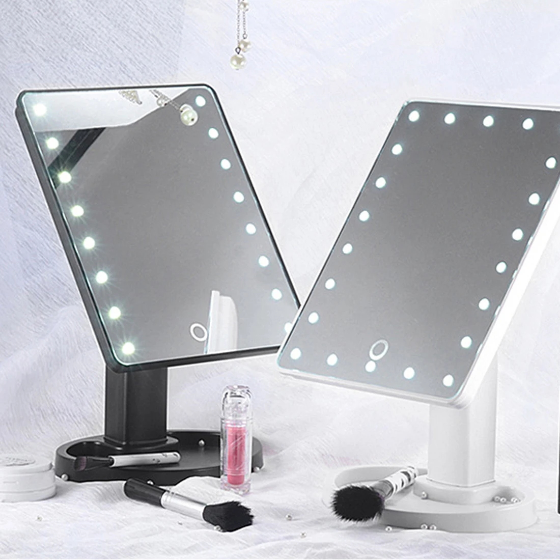 

360 degree rotating mirror desktop storage vanity mirror adjustable 16/22 LED touch screen portable touch sensor luminous mirror