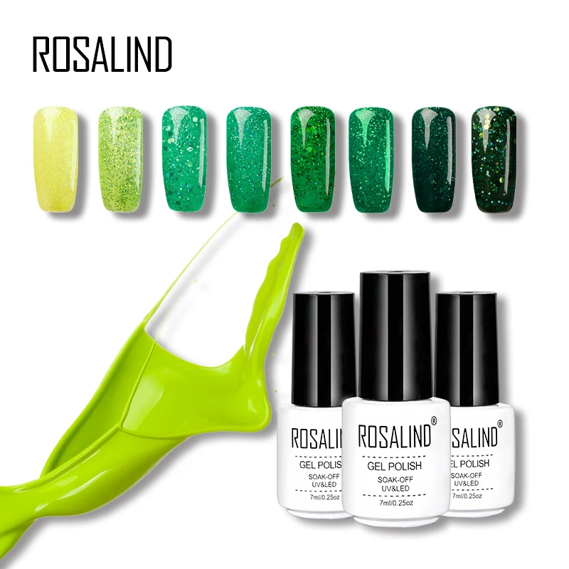 

ROSALIND Gel Nail Polish Soak Off 7ML Green Color Diamond Glitter Semi Permanent Nail Top Base Direction For Gel Nail Polish
