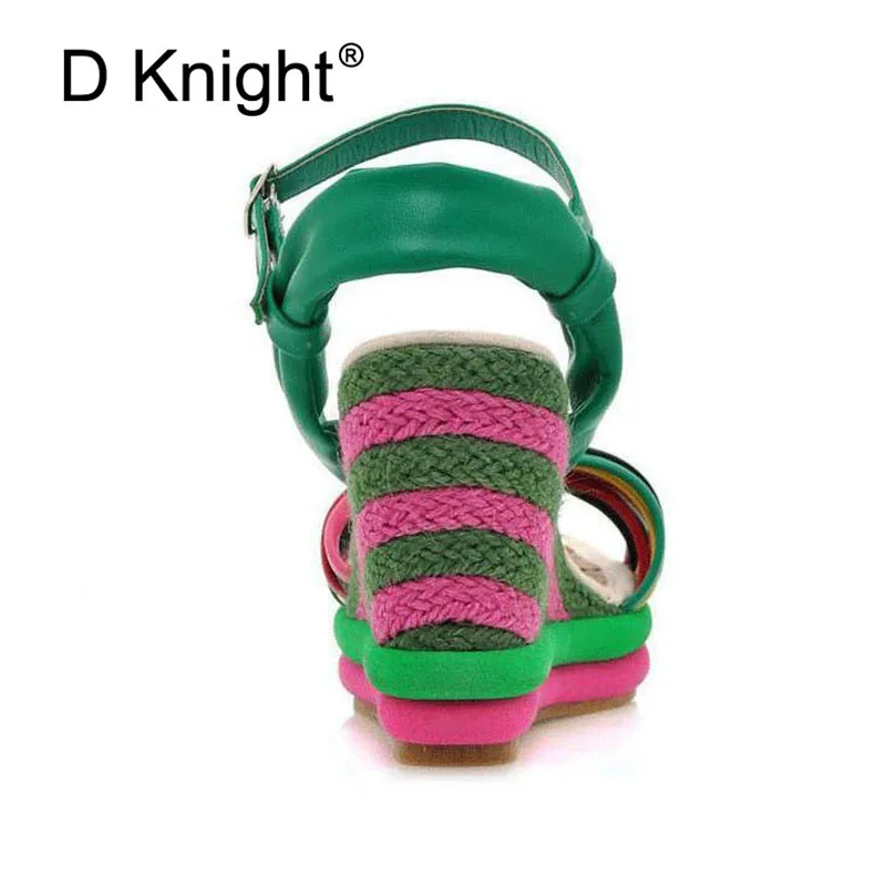 Gladiator Sandals Women 2018 Summer Bohemia Color Block Women Wedges Sandals Straw Braid Platform Wedge High Heel Women Sandals  (6)