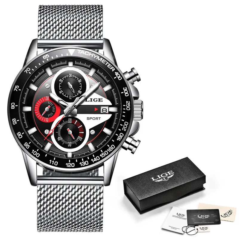 Reloj hombre LIGE Официальный магазин Топ бренд Мода Новые мужские водонепроницаемые часы наручные, кварцевые часы светящийся хронограф - Цвет: Silver black