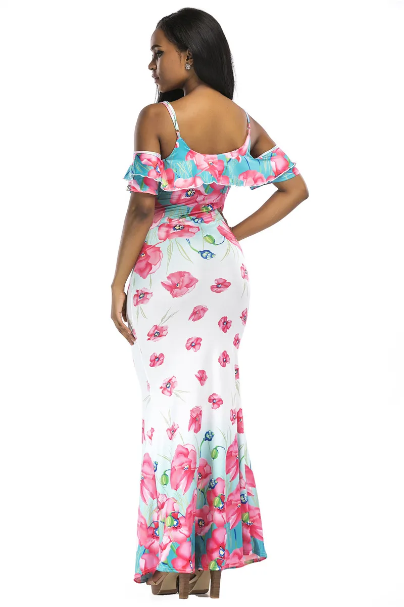 2019 New Ruffles Maxi Dress Floral Print Sexy Straped Off Shoulder Evening Party Clubwear Backless Spaghetti Strap Beach Dress (4)