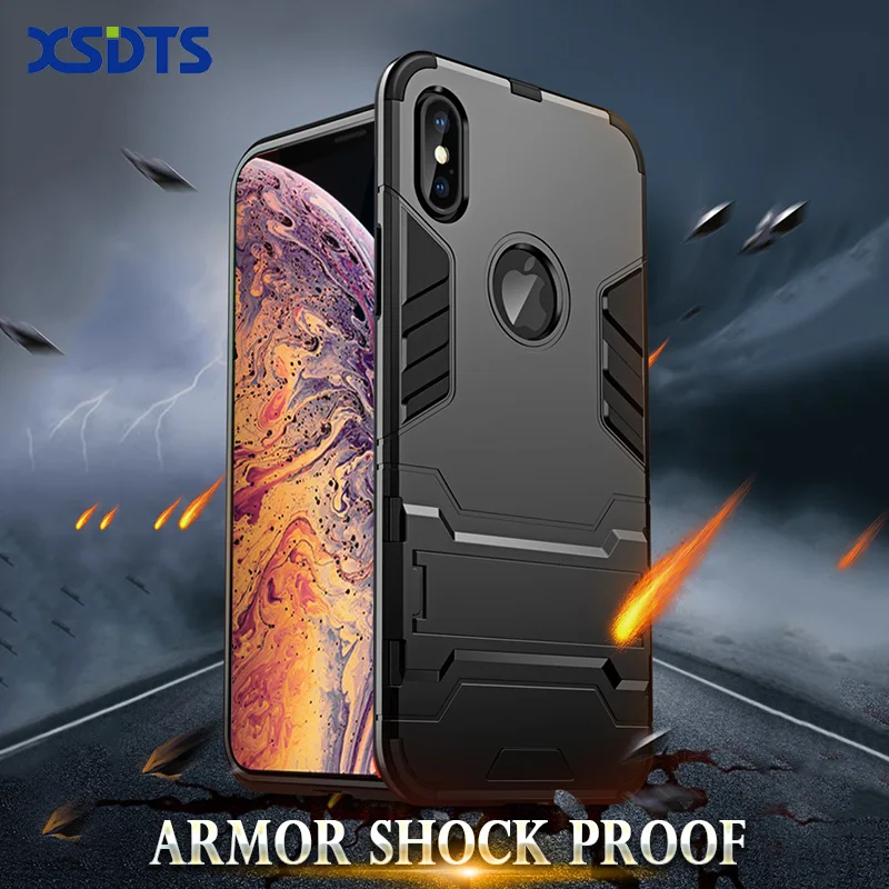 

Anti Shock Proof Case For iPhone X XR XS Max 8 Plus 6 6s 7 5 SE 5S Phone Case PC+Silicone Iron Man Kickstand Cover