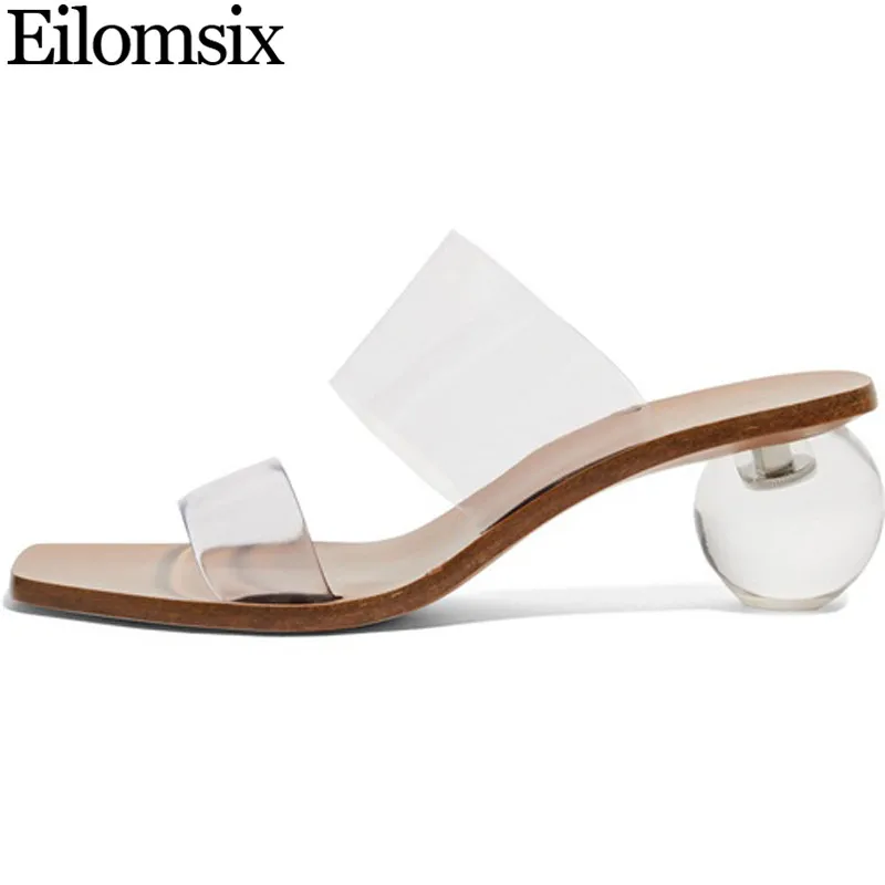 

Eilomsix Clear PVC Sexy Peep Toe Slippers Women Transparent Ball Heel Sippers Woman Runway One Strap Summers Slippers Woman