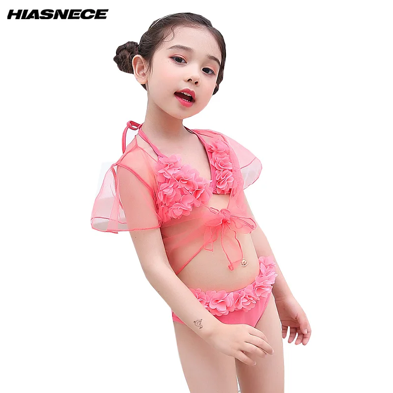 

Girls Swimwear Three Pieces Bikinis Bra Briefs with Cover Up Solid pink floral Swimsuits Infant 2018 Kids Cute Lovely Bikini set