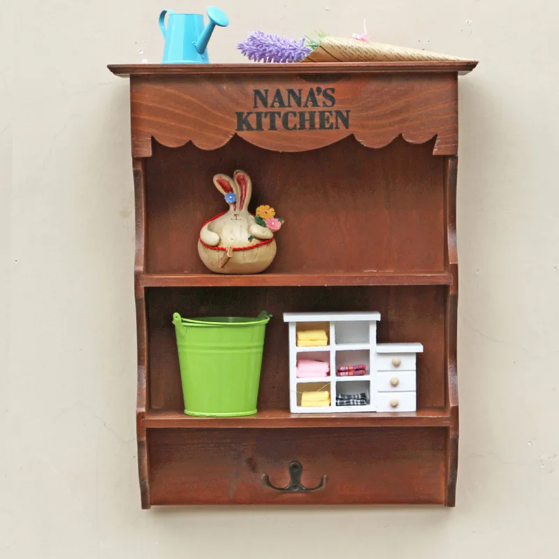 Retro Wooden Household Storage Shelf with Hook Vintage 