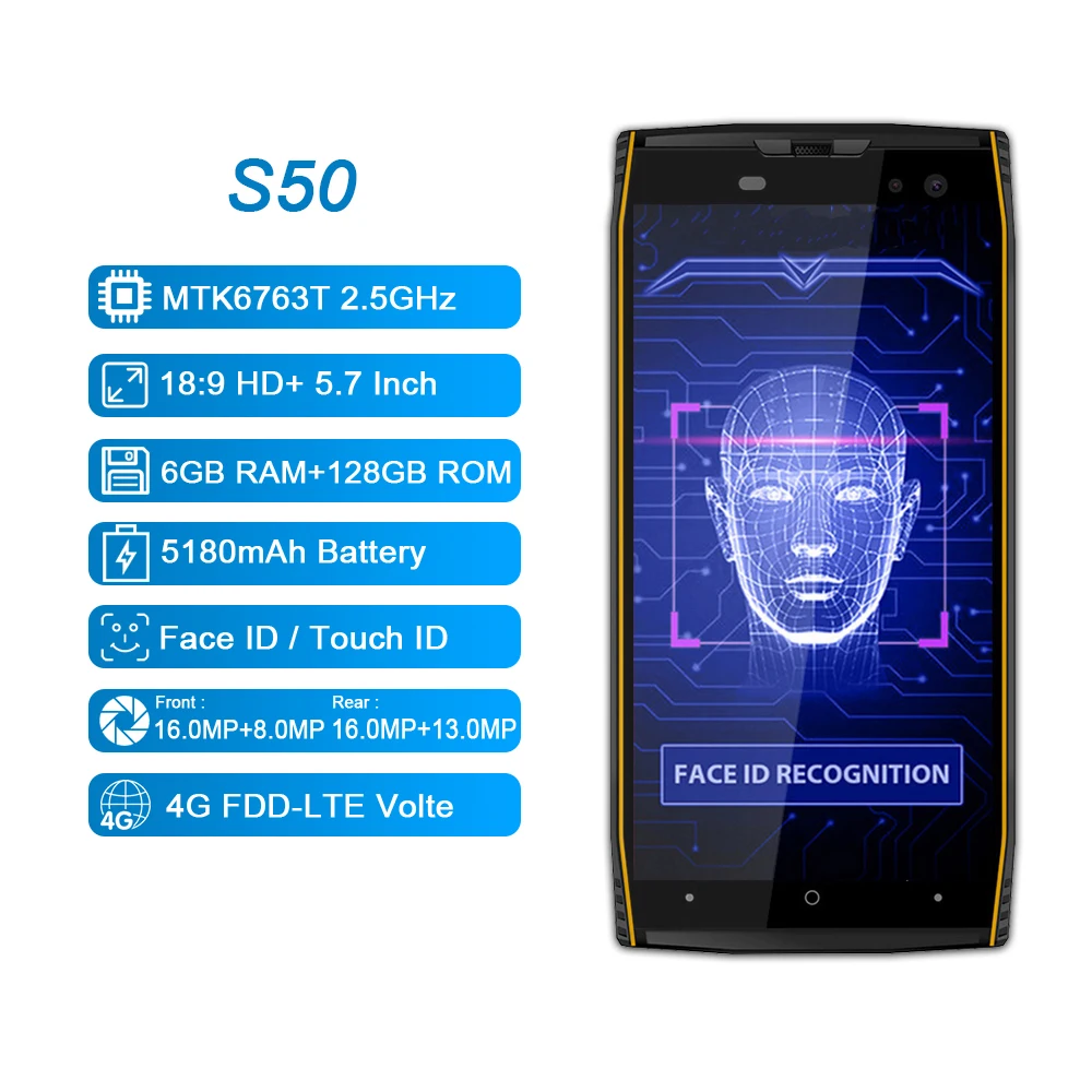DOOGEE S50 6GB 64GB смартфон 5,7 ''18:9 дисплей IP68 Водонепроницаемый Восьмиядерный Android 7,1 5180mAh 4 камеры с функцией распознавания лица Мобильные телефоны