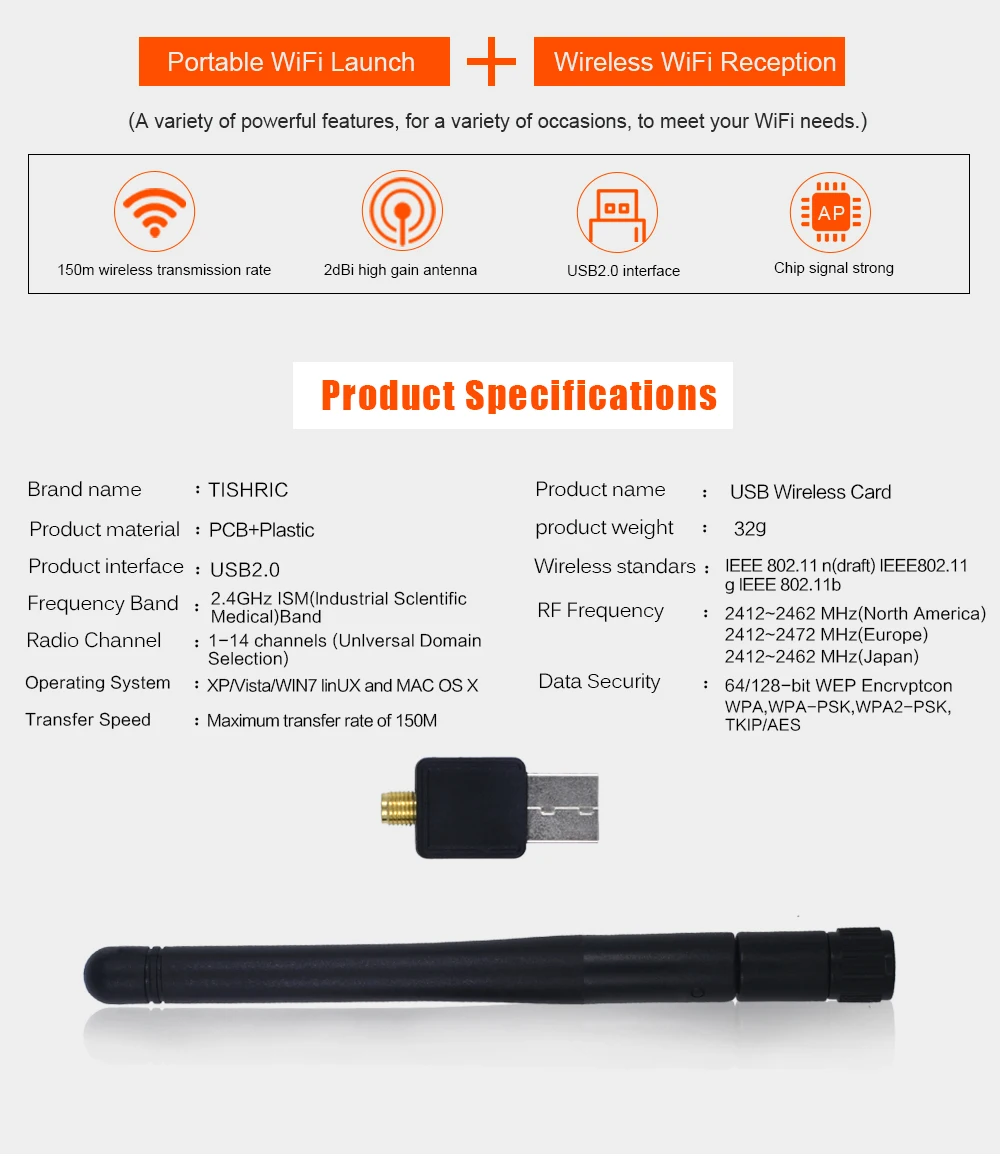 pc wifi adapter TISHRIC 150Mbps MINI Wireless USB WiFi Adapter Dongle Network LAN Card 802.11n/g/b Antenna wi-fi For WindowsXP/7 Vista Linux lan card