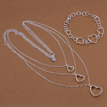 

Factory outlets European style hollow heart pendant necklace bracelets fashion women Silver color jewelry sets S425