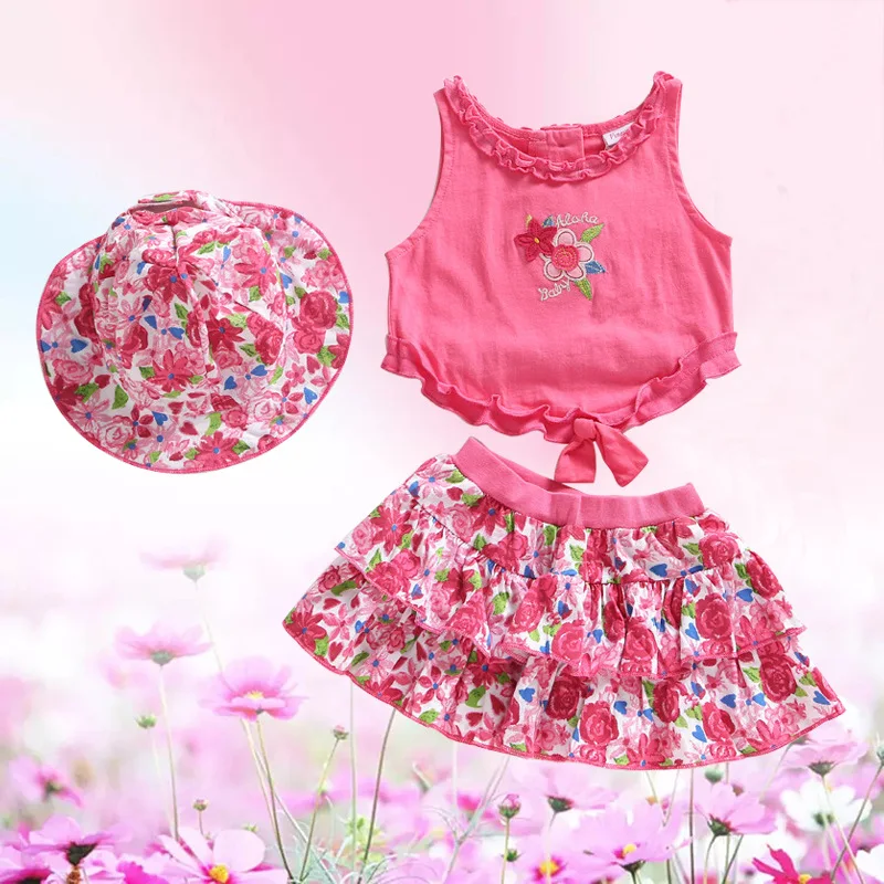 

Baby Girls Summer 3Pcs Cotton Flower Print Sets Clothes Newborn Girl Ruffle O-neck Sleeveless Tops+Skirt+Hat Set Suit Clothing