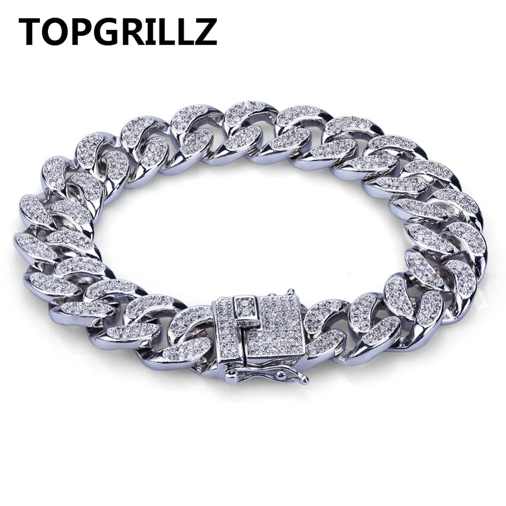 

TOPGRILLZ Hip Hop Rock Jewelry Gold Color Plated Cuban Chain Micro Pave CZ Stones Bracelet 8 Inch Length Beacelets For Men