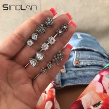 Sindlan 7 пар Винтаж Серебряное сердце, для влюбленных серьги с буквой набор капли воды крест Хрустальный цветок серьги со стразами шпильки