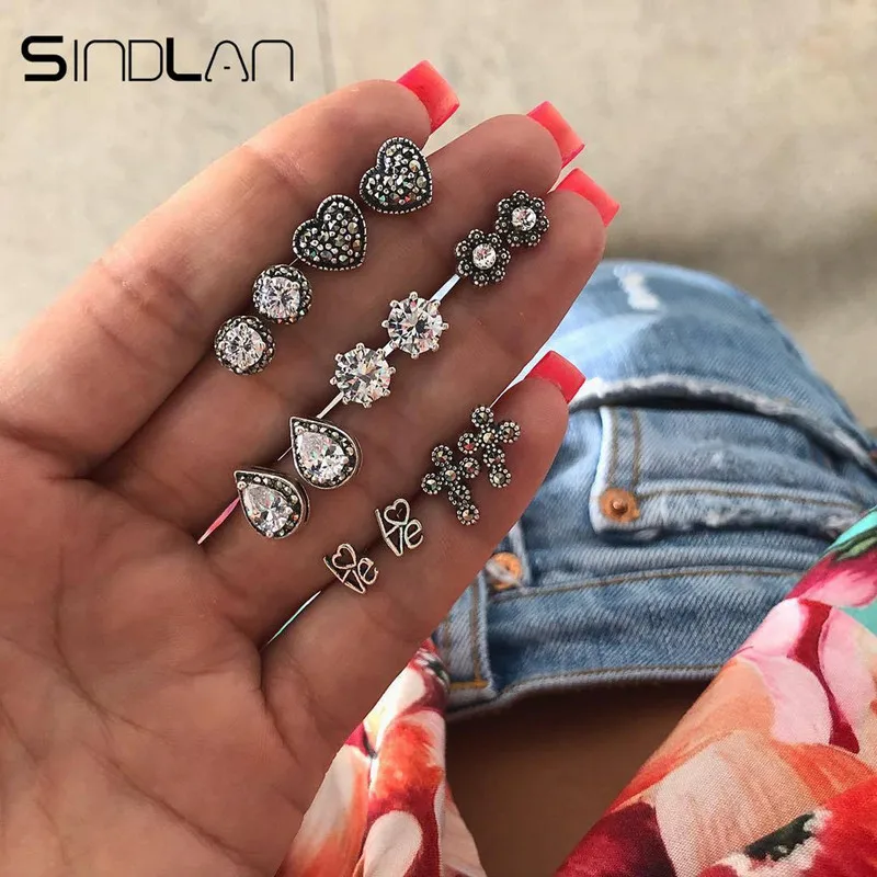 Sindlan 7 пар винтажные серебряные серьги с буквой Love Heart серьги-гвоздики кристаллами