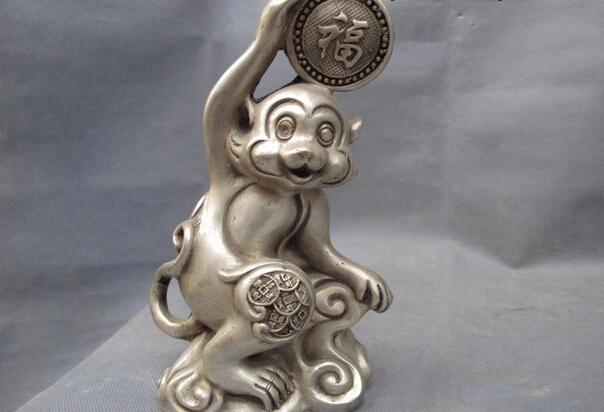 

song voge gem S0931 Chinese Folk White Copper Silver Fengshui Lucky Wealth Coin Zodiac Monkey Statue