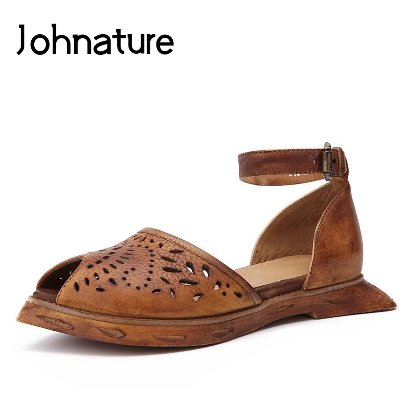 

Johnature 2019 New Spring/summer Retro Casual Genuine Leather Solid Buckle Strap Peep Toe Hollow Women Shoes Sandals