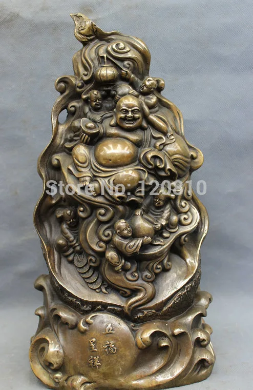 

16" Chinese Bronze Kid Child Shou Peach YuanBao Coin Bag Happy Maitreya Statue