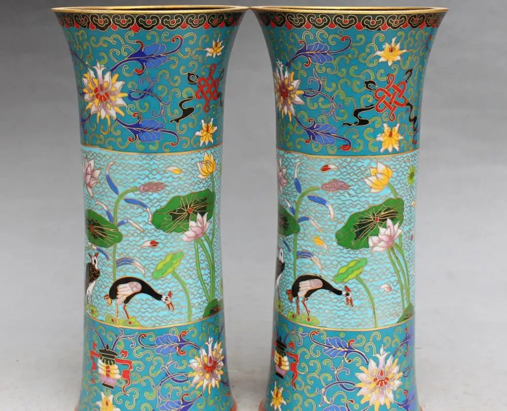 

7"Cloisonne Gild 8 Auspicious Symbol Crane Bird Lotus Brush Pot pencil vase Pair