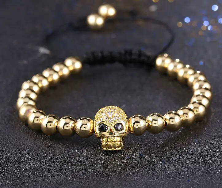 

Fashion Women Men Skull Charm Bracelet Black Rope Chain Bracelet & Bangle Micro Pave CZ Skeleton Bracelet