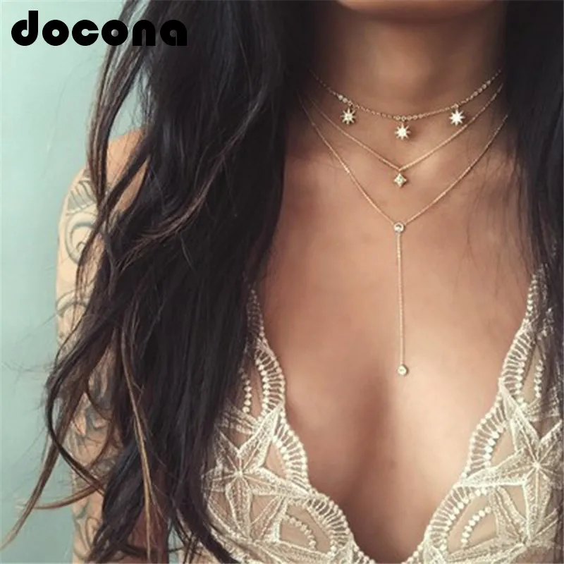 Docona Бохо хрустальные звезды Подвески многослойное ожерелье для женщин трендовые