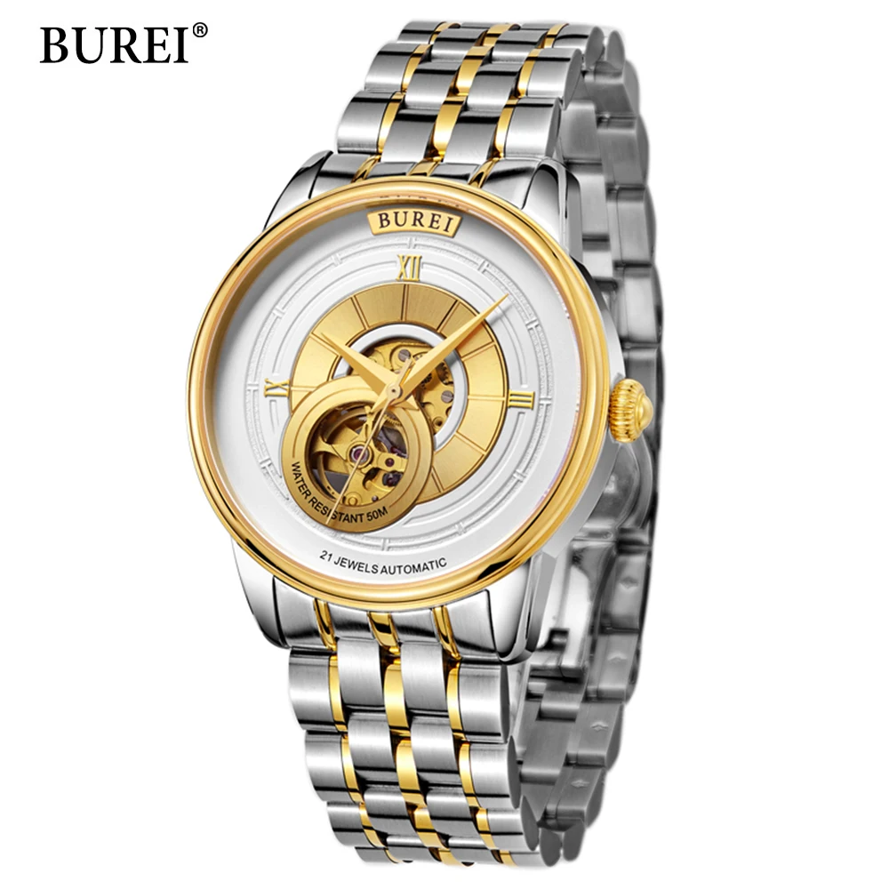 

BUREI Automatic Mechanical Watches Men Brand Luxury Rose Gold Case Stainless Steel Skeleton Transparent Watch relogios masculino