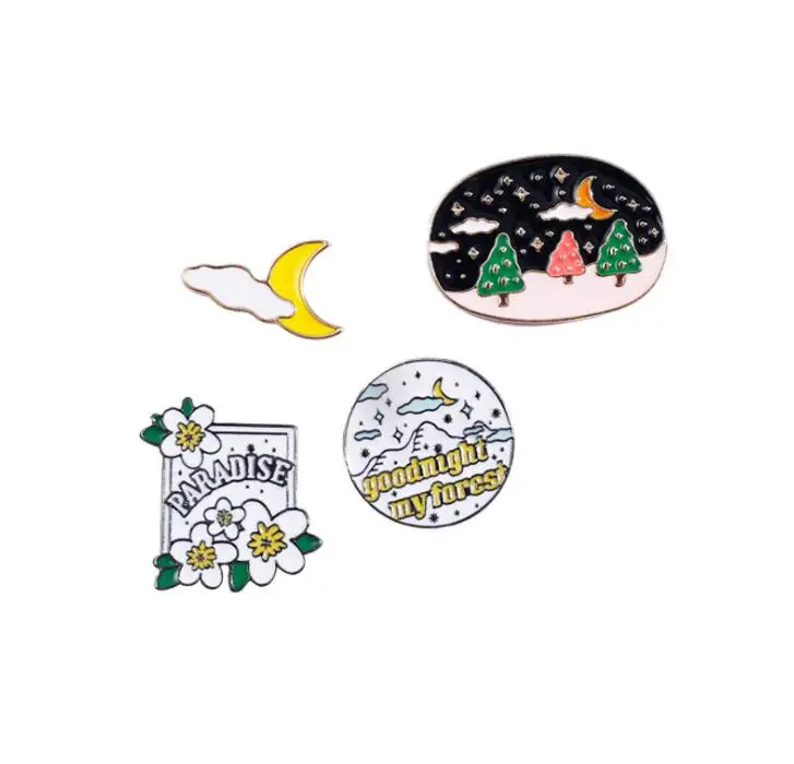 

Free Shipping Cartoon Metal Cute Moon Flaky clouds Starry Night sky Pine Flower Snow Mountain Enamel Brooch Pin For Women