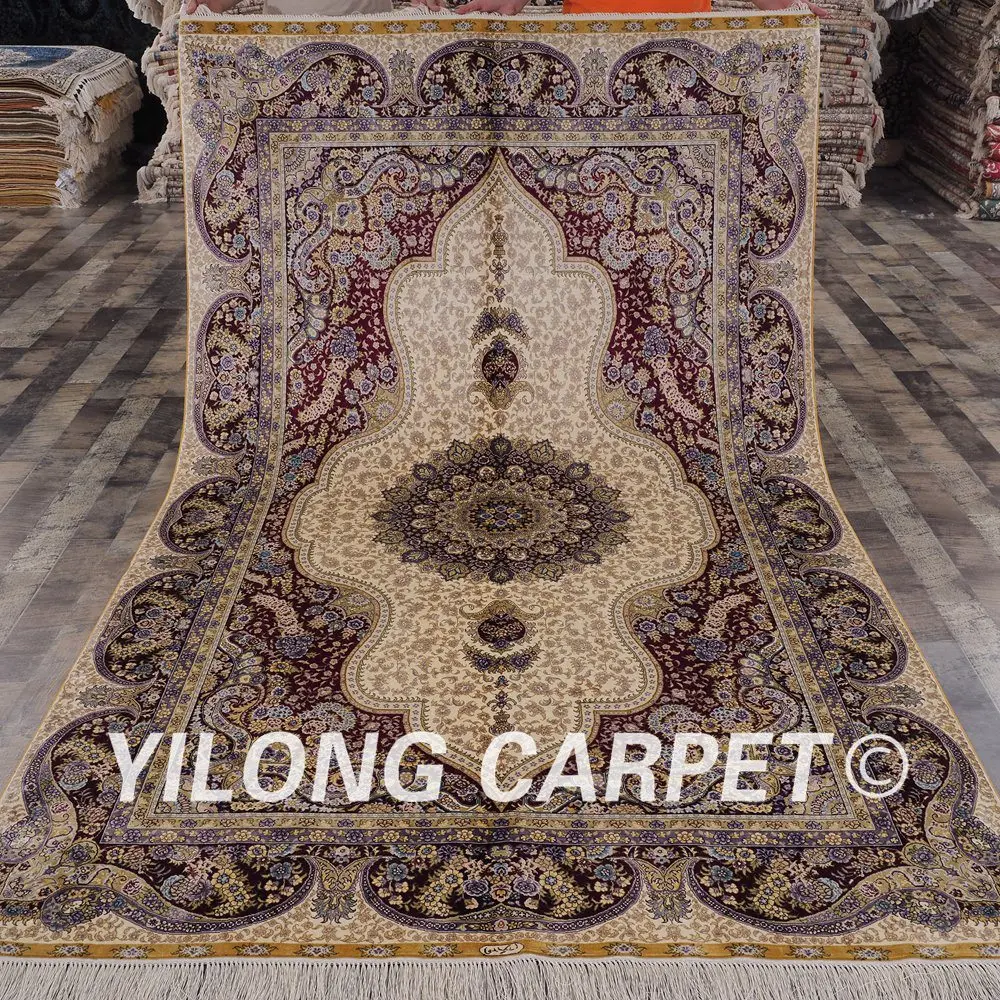 Yilong 5'x8' классические персидские ковры ручной работы бежевый медальон турецкий Шелковый ковер(SWP012A5x8