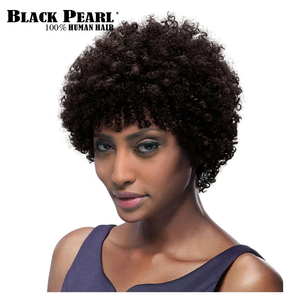 Черный жемчуг 100% натуральная Человеческие волосы короткие вьющиеся Искусственные парики для черный Для женщин короткие вырезать эльфа