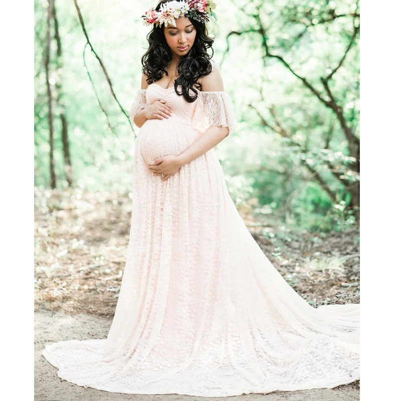 

Comfortable Lace Maternity Dresses Fly Sleeve Tube Top Mop Short-sleeved Dress Maternity Photography Props Pregnancy Dress