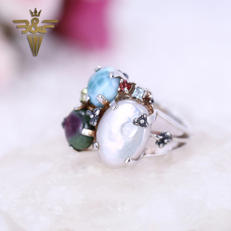 

Four Claws Mosaic Natural Larimar Shell With Ruby And Zoisite Sterling 925 Silver Ring Charms For Lovers Gift