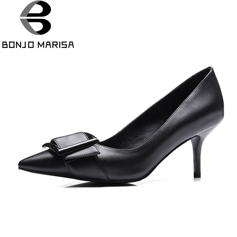 

BONJOMARISA 2018 Spring Summer High Quality Genuine Leather Black Women Pumps Elegant Buckle Shallow Ol Shoes Woman High Heels