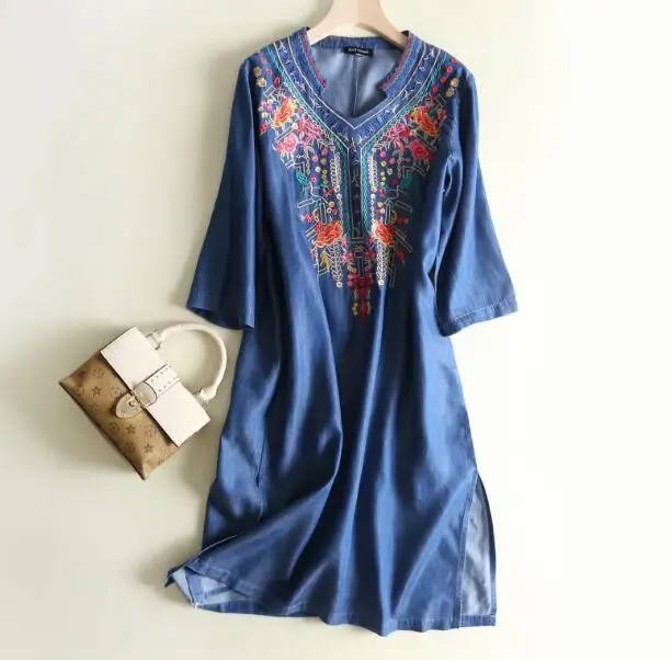 Новинка, весеннее повседневное джинсовое платье с v-образным вырезом и геометрической вышивкой, женское винтажное этническое джинсовое платье-рубашка с разрезом, платья - Цвет: colored flower