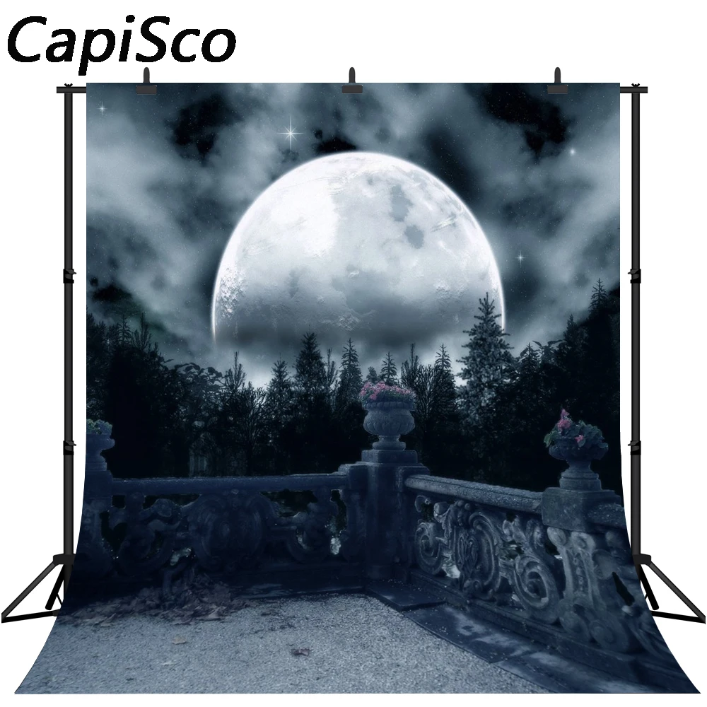 

Capisco Vinyl Photography Backgrounds Dark Horror Night Full Moon Trees Gloomy Balcony View Halloween Theme Photo Backdrop