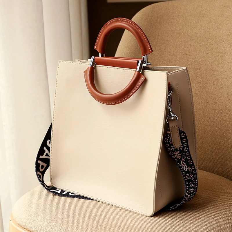 

WOONAM Top Grain Genuine Nappa Calf Leather Contrast Color Large Square Shopper Tote Handbag WB567