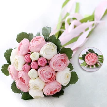 Романтический свадебный букет с лентой Искусственный Пион Розовый Зеленый женский Buque De Noiva Свадебные аксессуары цветы