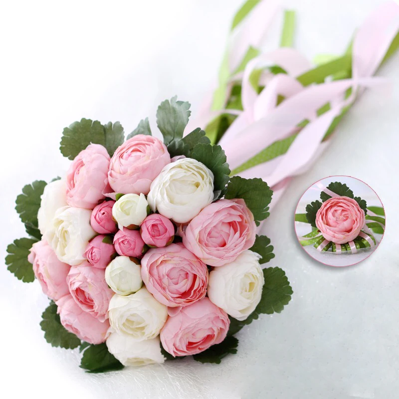 

Romantic Wedding Bouquet With Ribbon Artificial Peony Pink Green Women 2018 Buque De Noiva Bridal Accessories Bridals Flowers